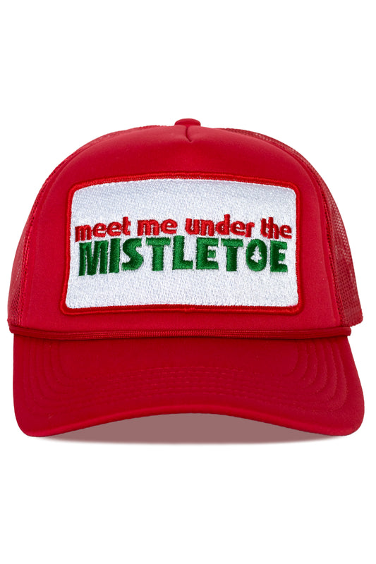 Meet Me Under The Mistletoe Trucker Hat in Red