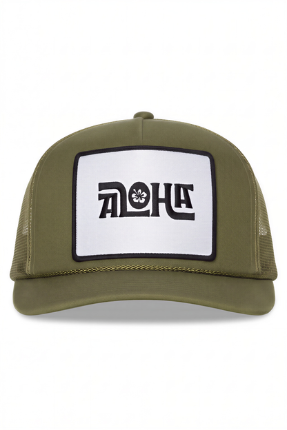 Aloha Flower Trucker Hat in Olive Green