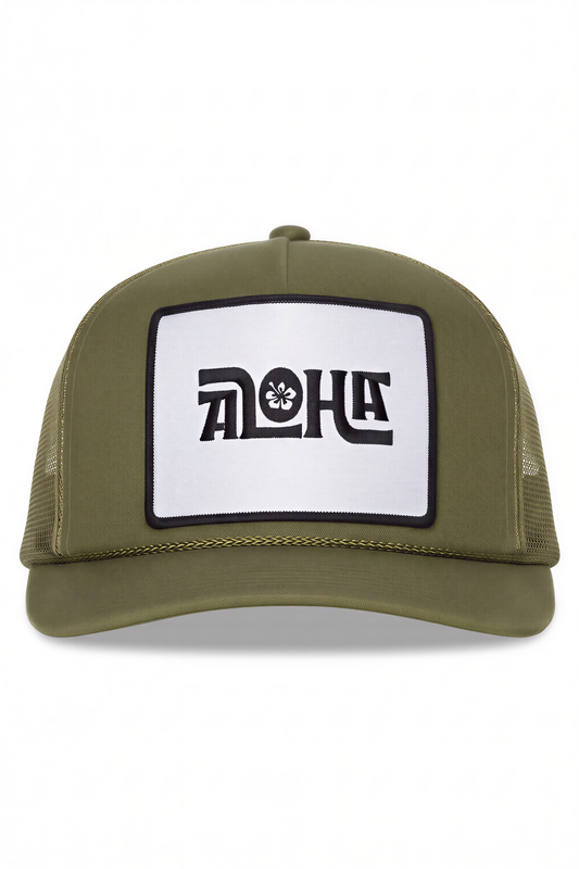 Aloha Flower Trucker Hat in Olive Green