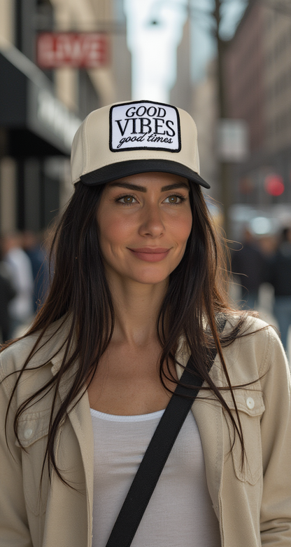 Good Vibes Good Times Trucker Hat in Grey
