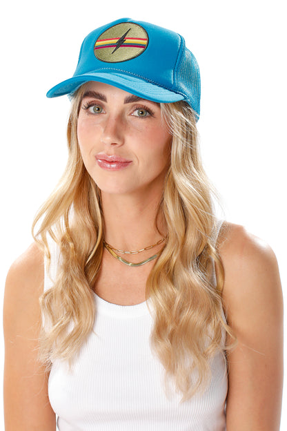 Electric Blue Rainbow Patch Trucker Hat